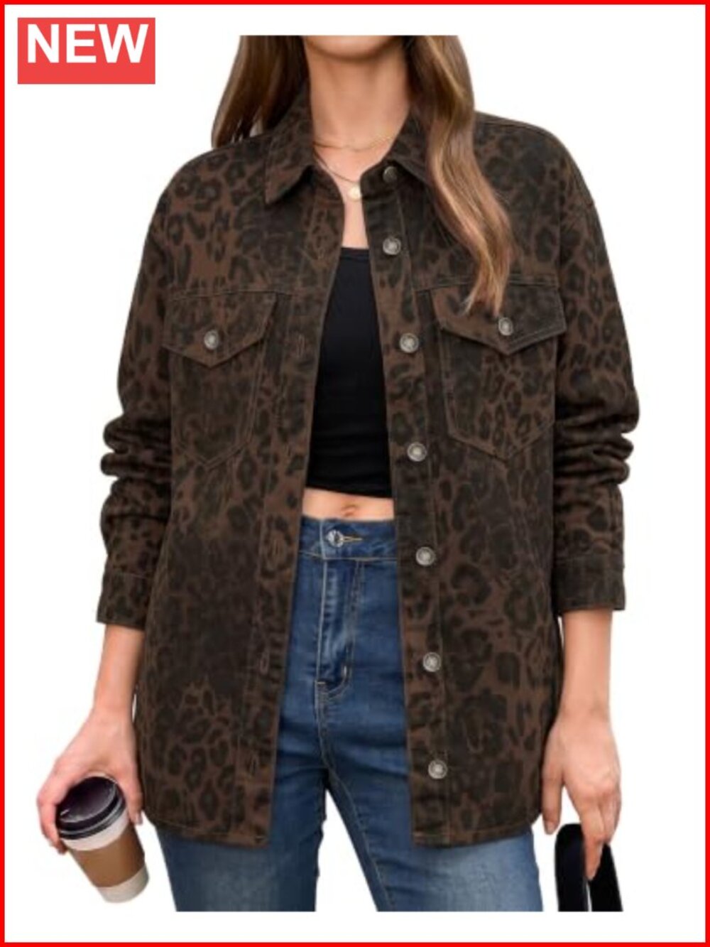Leopard Print Oversized Denim Jacket Shacket for Women